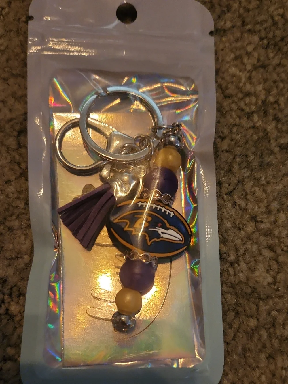 Baltimore Football Logo Keychain with Purple and Gold Beads